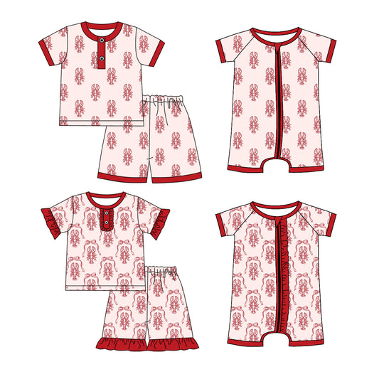 (Custom Design Preorder MOQ 5 Each Design) Cryfish Red Print Kids Summer Pajamas Matching Clothes Sibling Wear