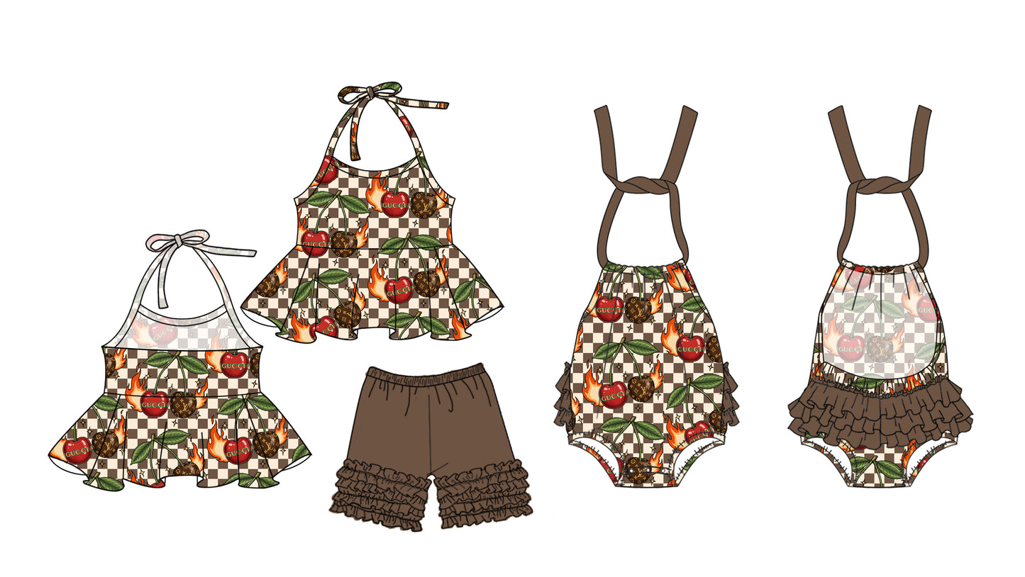 4.9(Custom Design Preorder MOQ 5 Each Design) Cherry Brown Plaid L*V* Print Sisters Summer Matching Clothes
