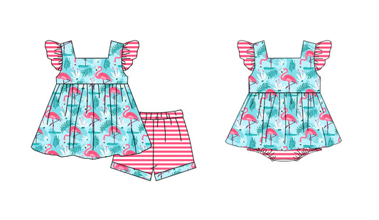 (Custom Design Preorder MOQ 5) Flamingo Print Baby Girls Summer Romper
