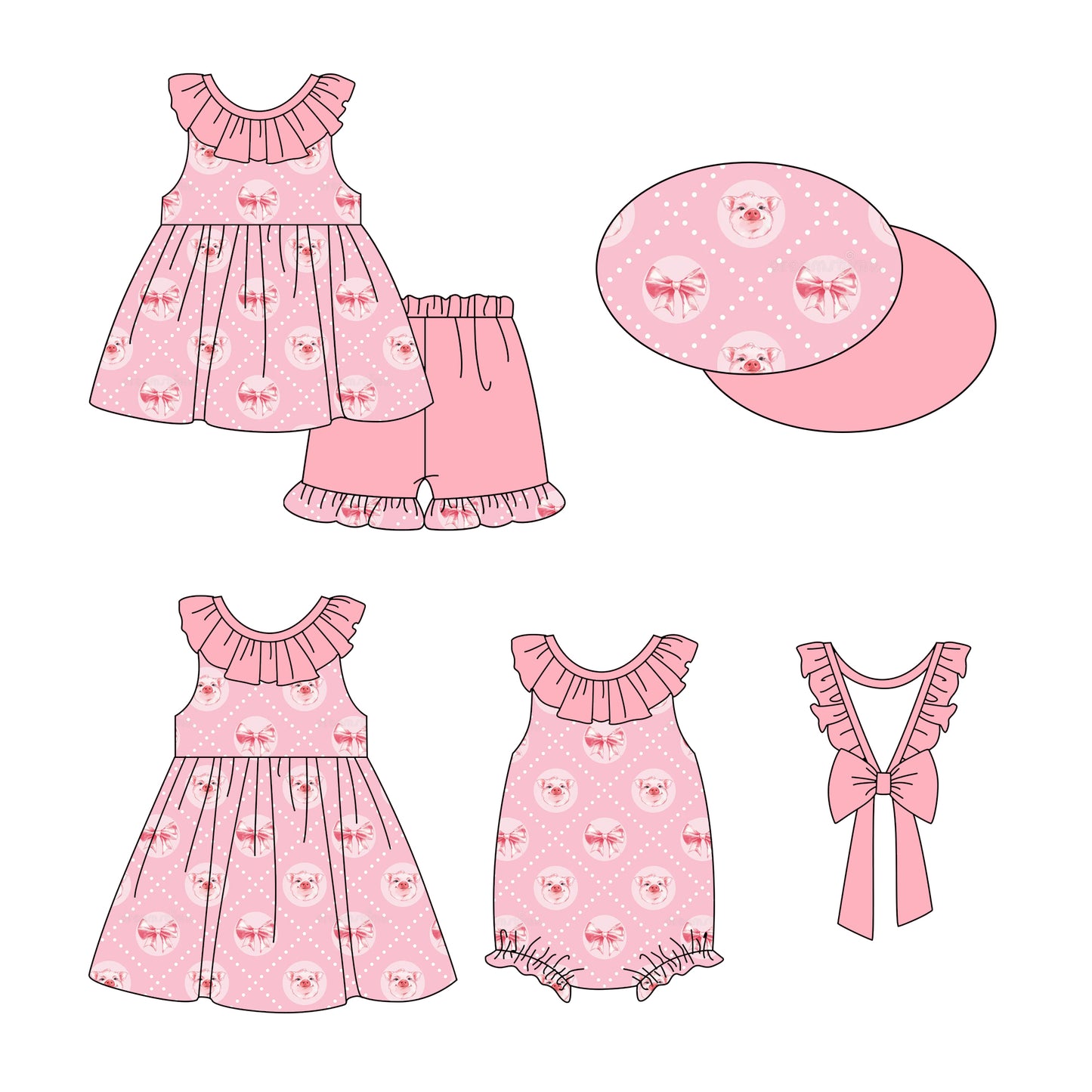 1.3(Custom Design Preorder MOQ 5 Each Design) Pig Bows Pink Print Girls Summer Matching Clothes Sisters Wear