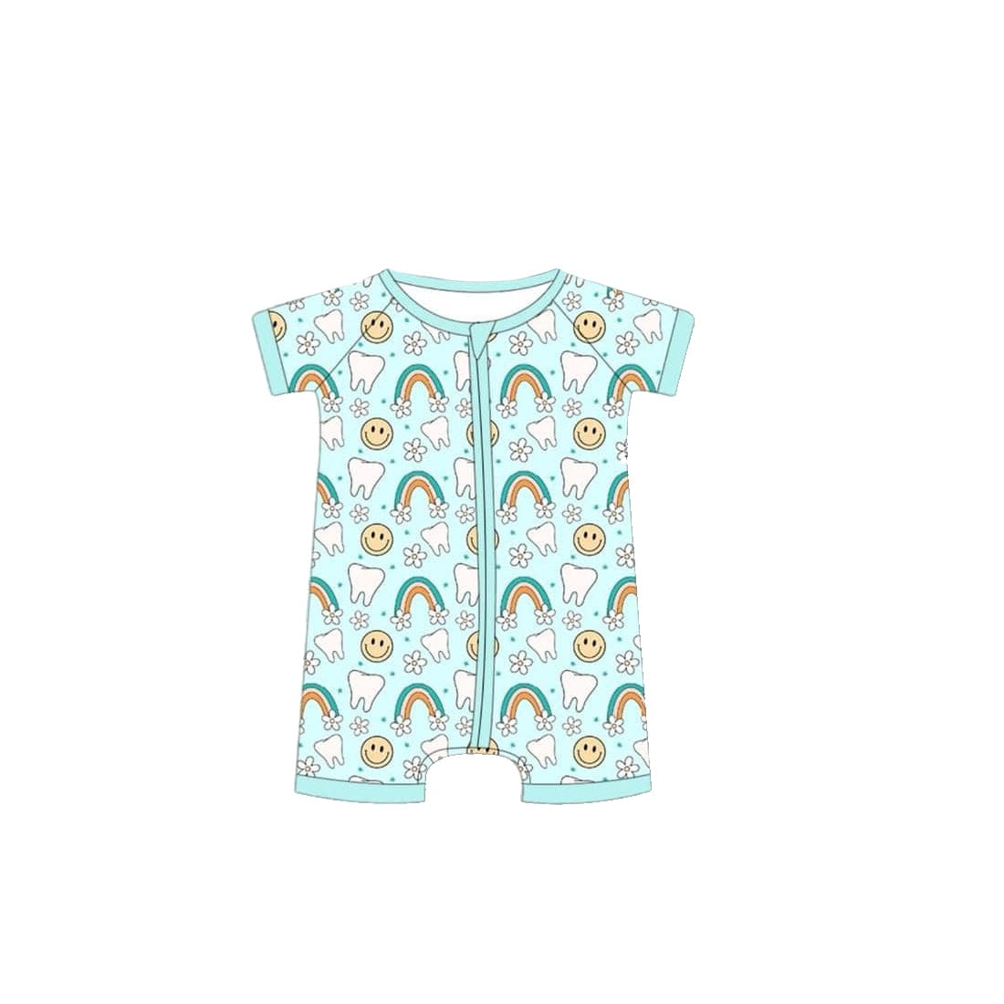 (Custom Design Preorder MOQ 5) Tooth Rainbow Flowers Print Baby Girls Summer Zipper Sleeper Romper