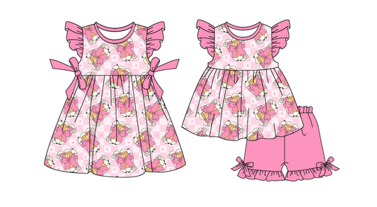 1.6(Custom Design Preorder MOQ 5 Each Design) Pen Flowers Bows Print Girls Back to School Matching Clothes Sisters Wear