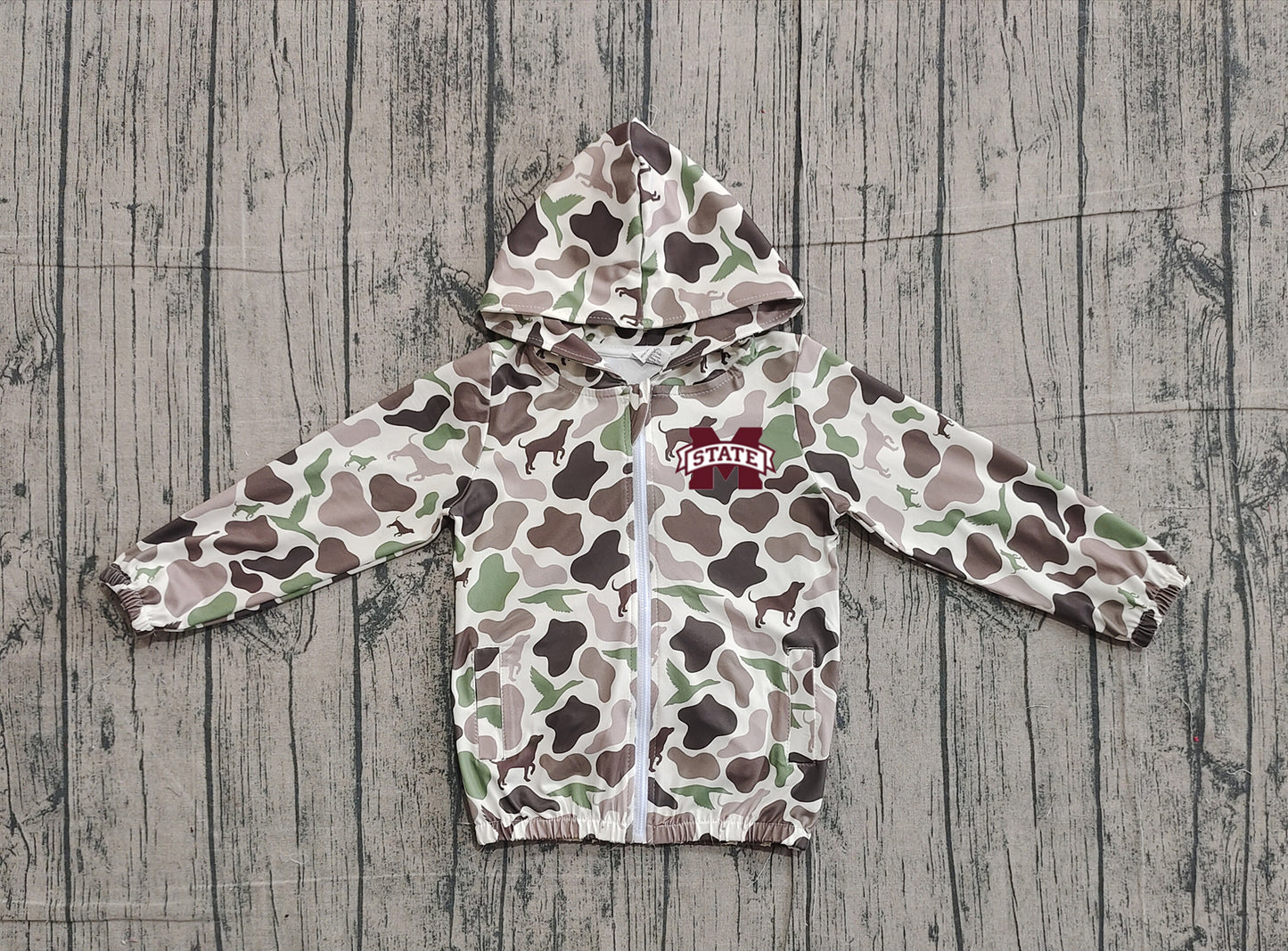(Custom Design Preorder MOQ 5 Each Item) Team's Mississippi State Green Brown Camo Print Kids Fall Zipper Hoodie Jackets Top Mom and Me Matching Clothes