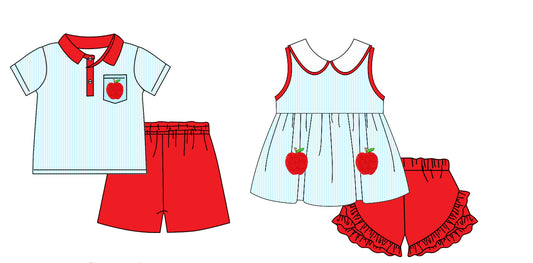 11.22(Custom Design Preorder MOQ 5 Each Design) Apple Blue Stripes Print Kids Summer Matching Clothes Sibling Back to School Wear