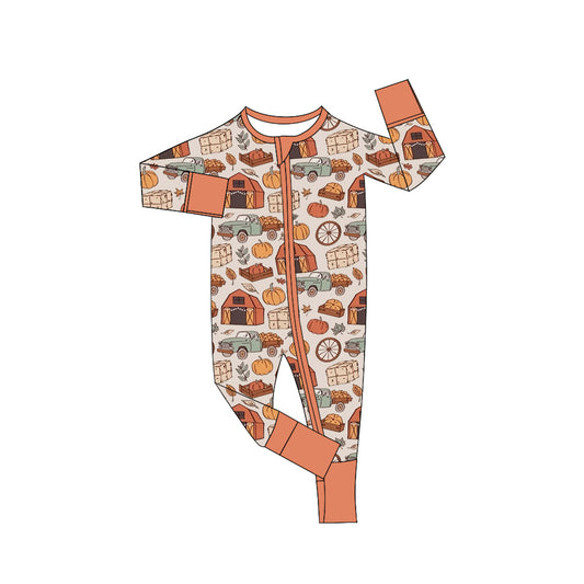 (Custom Design Preorder MOQ 5) Farm Pumpkin Print Baby Boys Fall Sleeper Zipper Romper