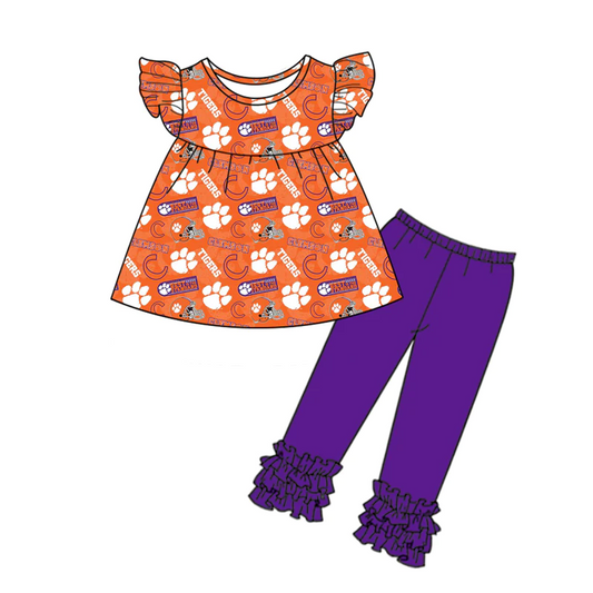 (Custom Design Preorder MOQ 5)  Team's Orange Paw Print Top Purple Legging Pants Girls Clothes Set