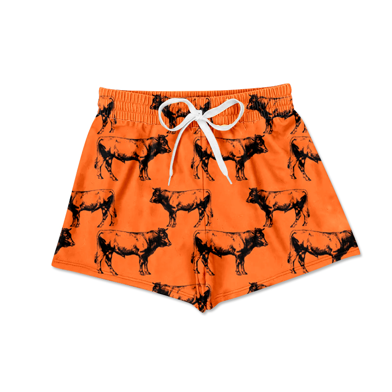 (Custom Design Preorder MOQ 5)  Orange Cows Print Boys Western Swim Trunks