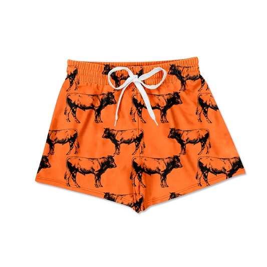 (Custom Design Preorder MOQ 5)  Orange Cows Print Boys Western Swim Trunks