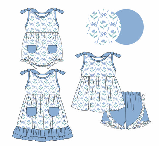 1.7(Custom Design Preorder MOQ 5 Each Design) Flowers Blue Bows Print Girls Summer Matching Clothes Sisters Wear