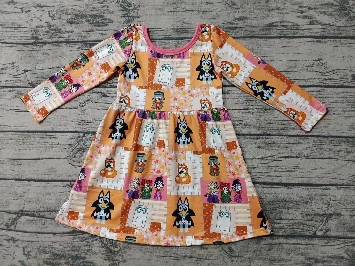 (Custom Design Preorder MOQ 5)  Cartoon Dog Pumpkin Print Girls Halloween Knee Length Dress