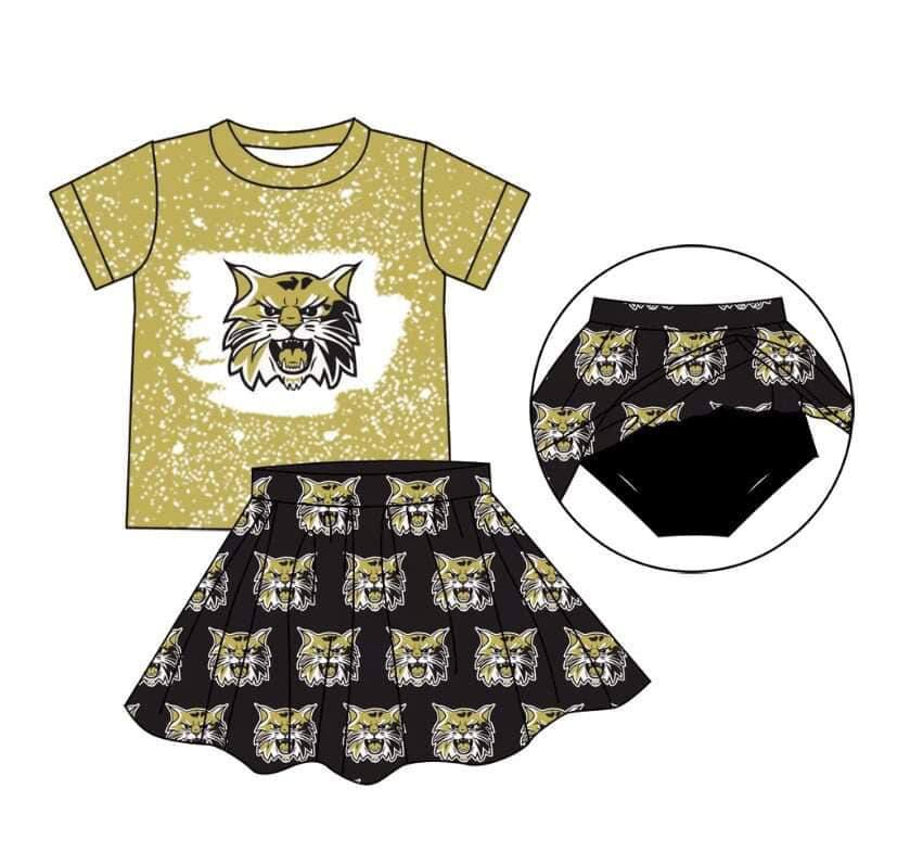 (Custom Design Preorder MOQ 5) Team's Gold Cat Print Skirts With Shorts Girls Clothes Sets