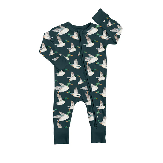 (Custom Design Preorder MOQ 5)  Duck Print Baby Fall Sleeper Zipper Romper