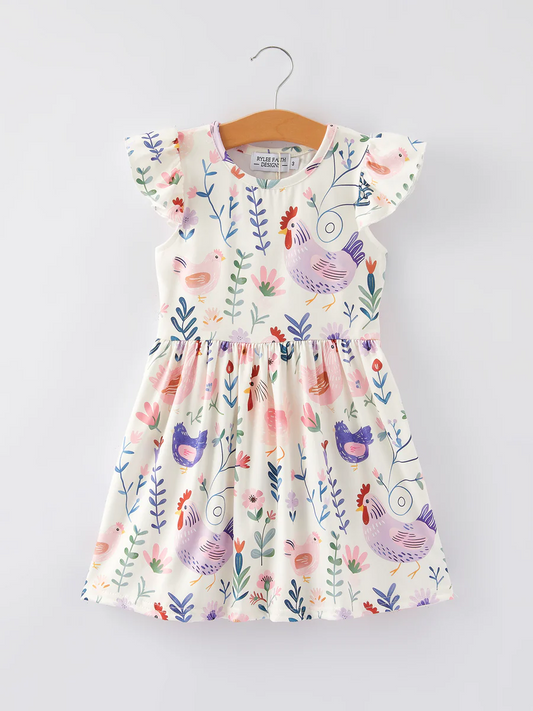 (Custom Design Preorder MOQ 5) Chicken Flowers Print Girls Knee Length Dress