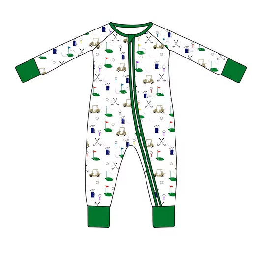 (Custom Design Preorder MOQ 5) Golf Trucks Print Baby Boys Fall Sleeper Zipper Romper