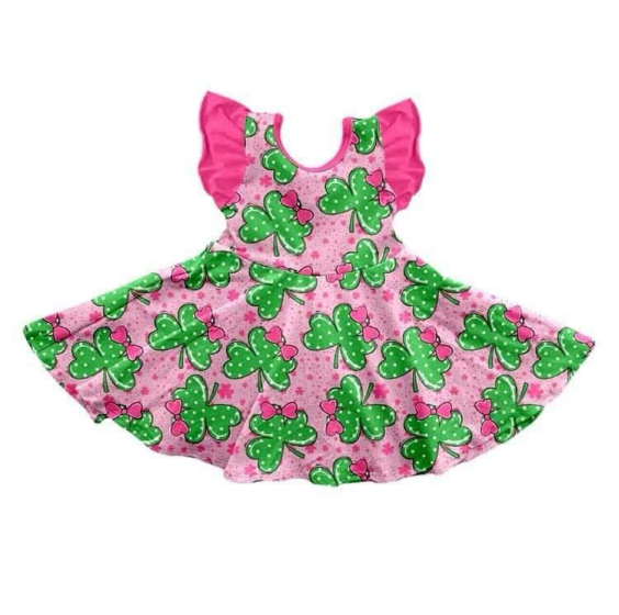 (Custom Design Preorder MOQ 5) Leaf Bows Pink Print Girls St. Patrick's Day Knee Length Dress