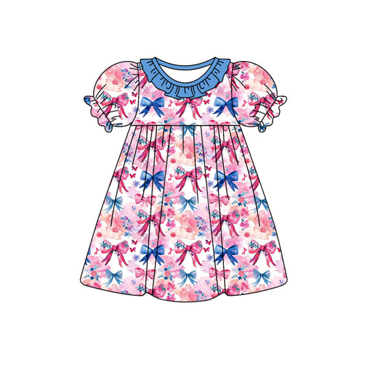 (Custom Design Preorder MOQ 5) Bows Hotpink Flowers Print Girls Knee Length Dress