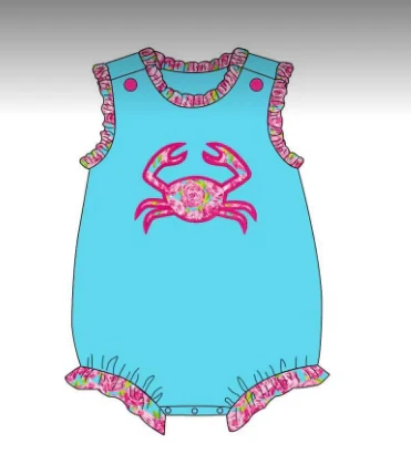 (Custom Design Preorder MOQ 5) Flowers Crab Blue Print Baby Girls Summer Romper