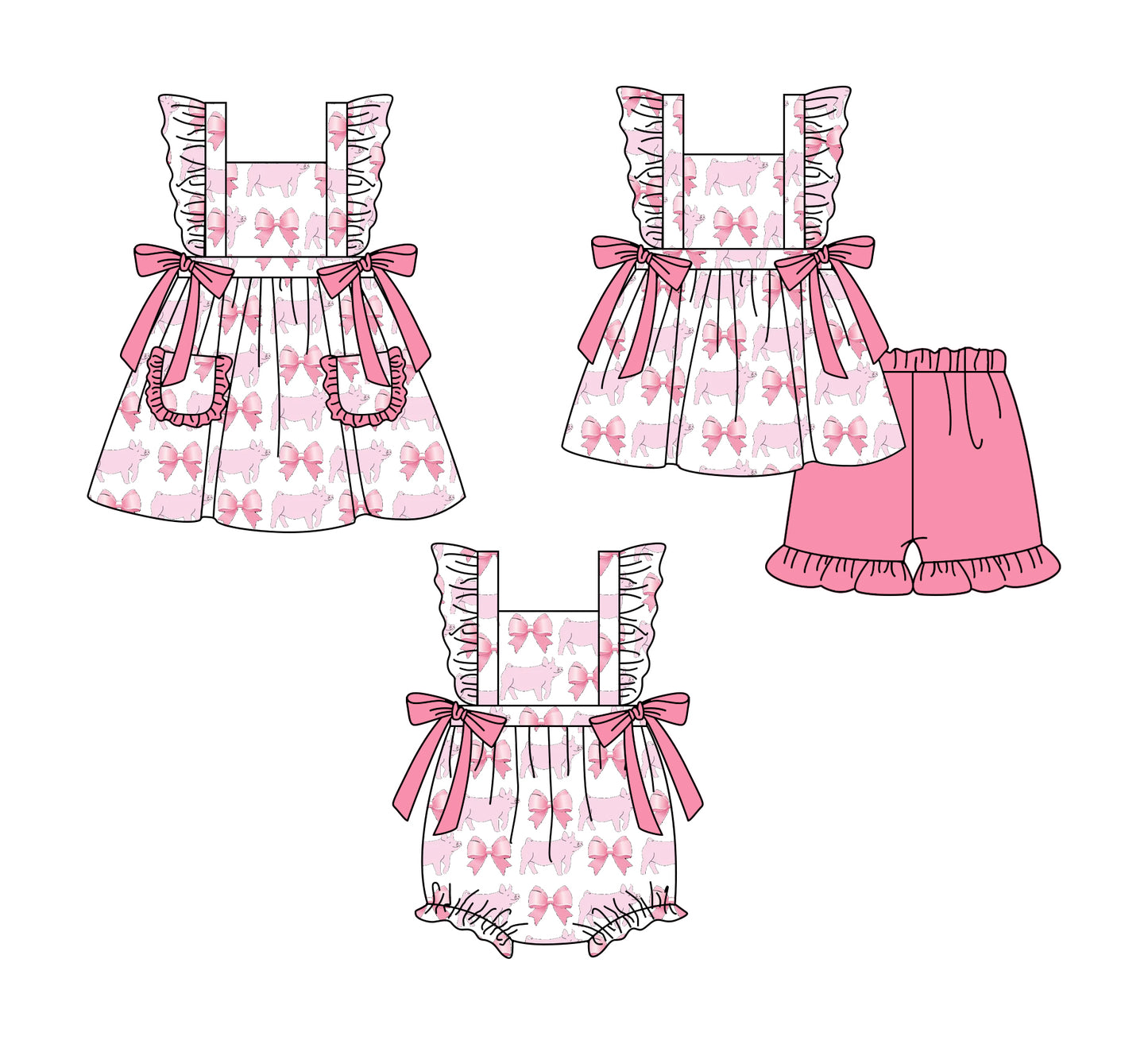 1.3(Custom Design Preorder MOQ 5 Each Design) Pig Bows Pink Print Girls Summer Matching Clothes Sisters Wear