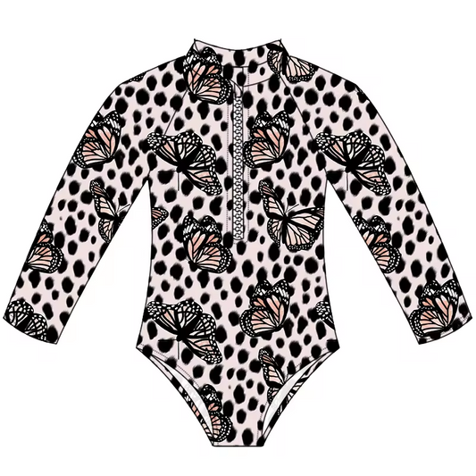 (Custom Design Preorder MOQ 5)  Leopard Butterfly Print Girls 1 Piece Long Sleeve Zipper Swimsuits