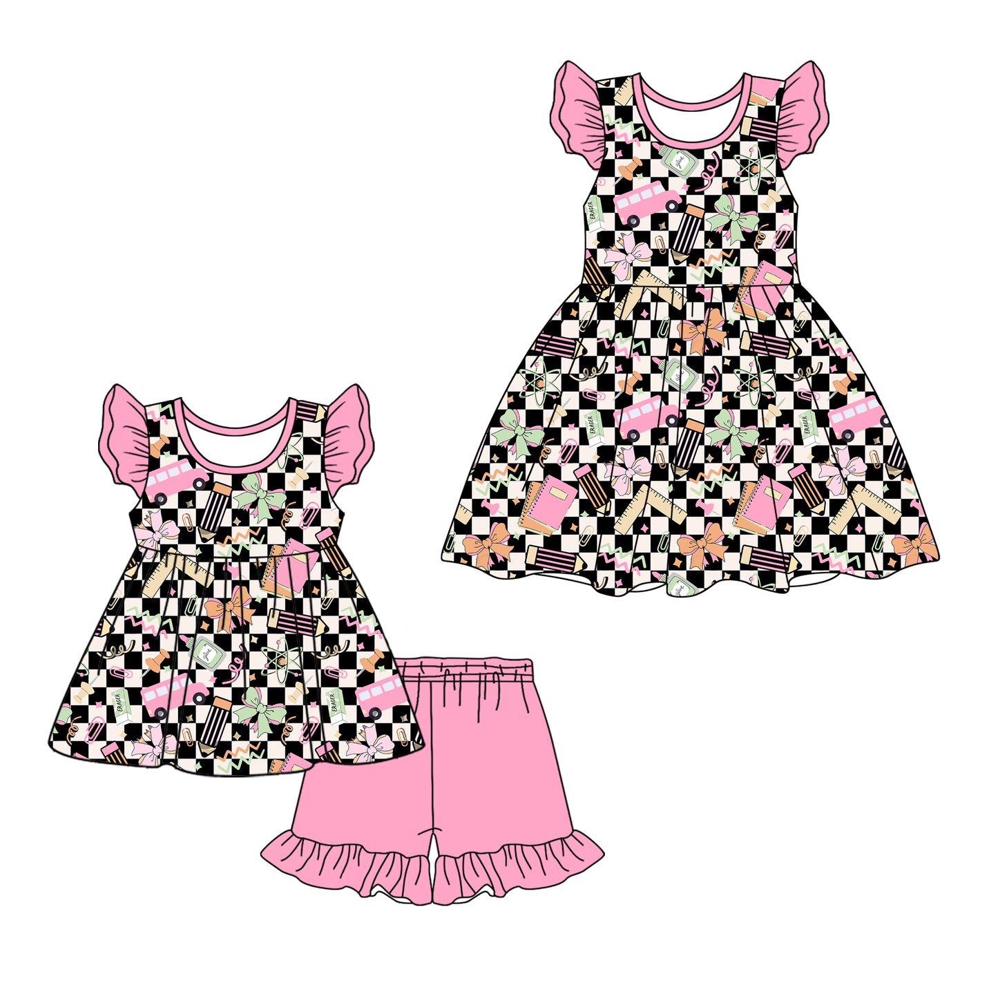5.6(Custom Design Preorder MOQ 5 Each Design) Bows Pen Plaid Print Girls Back to School Matching Clothes Sisters Wear