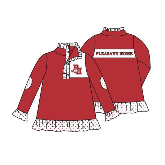 (Custom Design Preorder MOQ 5) PLEASANT HOME Red Print Girls Long Sleeve Pullover Buttons Tops