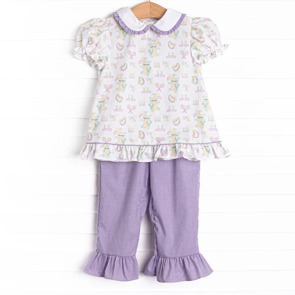 (Custom Design Preorder MOQ 5)  Crocodile Tunic Top Purple Plaid Pants Girls Mardi Gras Clothes Set