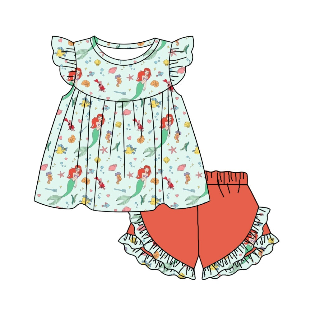 (Custom Design Preorder MOQ 5) Princess Mermaid Top Ruffle Shorts Girls Summer Clothes Set