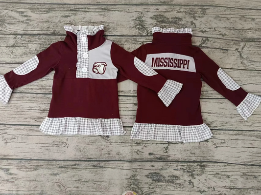 (Custom Design Preorder MOQ 5)Wine Football Team's Long Sleeve Girls Buttons Pullover Tee Shirts Top