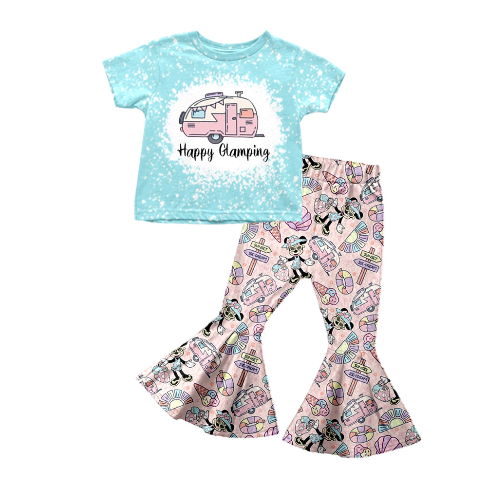 (Custom Design Preorder MOQ 5) Blue Camper Print Girls Bell Pants Clothes Set