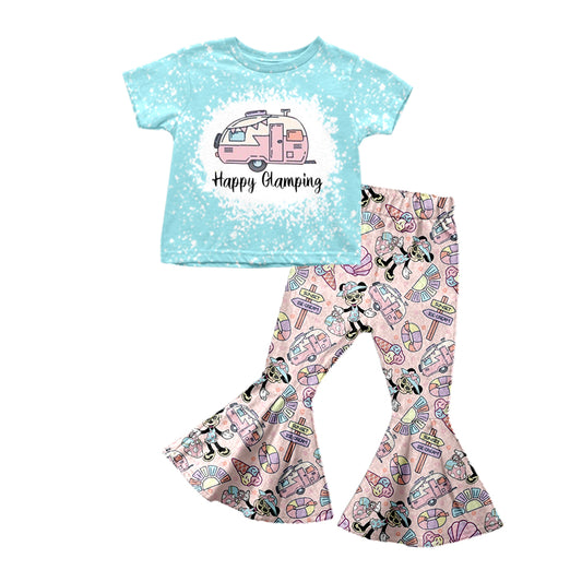 (Custom Design Preorder MOQ 5) Blue Camper Print Girls Bell Pants Clothes Set