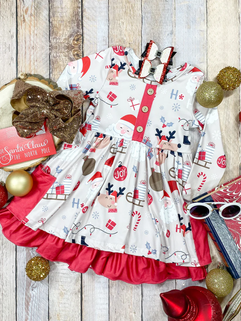 (Custom Design Preorder MOQ 5) Santa Deer Print Pockets Girls Knee Length Christmas Dress