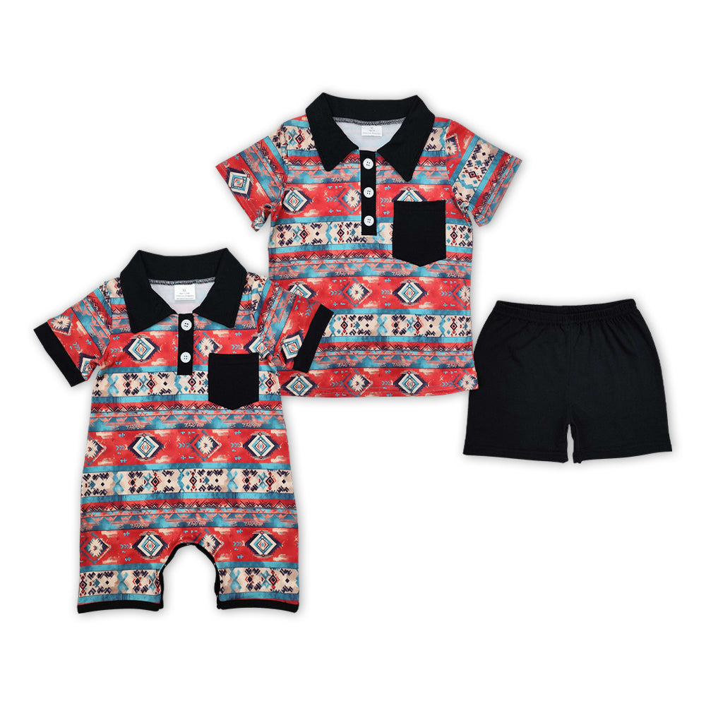 Red Aztec Western Print Brothers Summer Matching Clothes