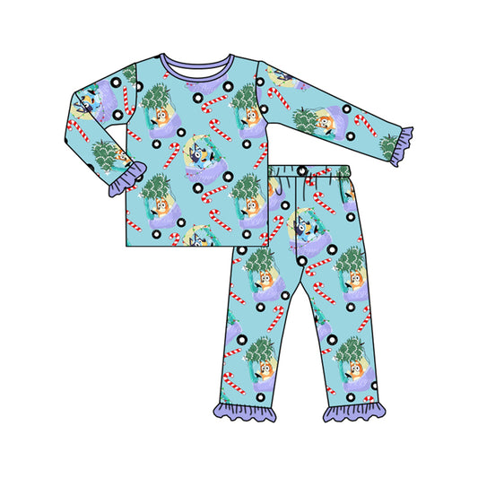 (Custom Design Preorder MOQ 5) Cartoon Dog Blue Print Girls Christmas Bamboo Pajamas Clothes Set