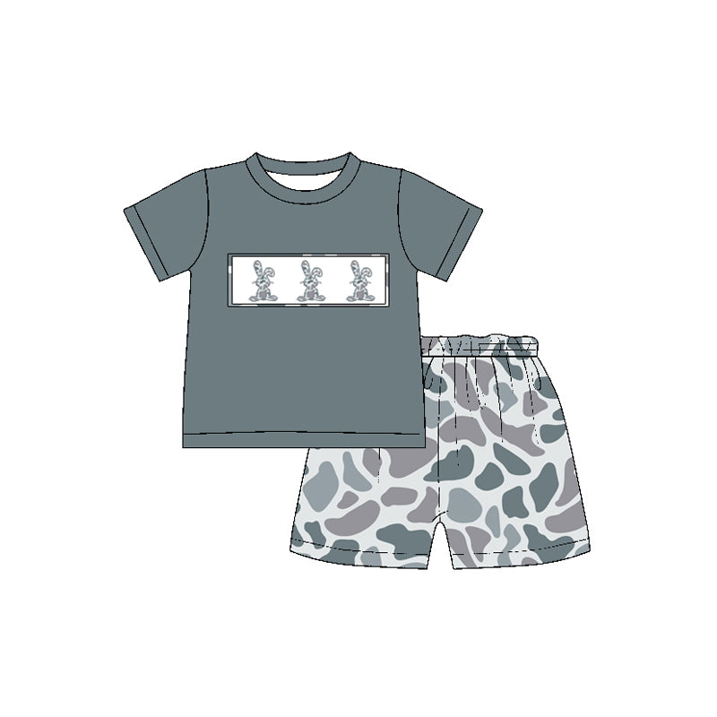 1.8(Custom Design Preorder MOQ 5 Each Design) Grey Camo Bunny Print Kids Easter Matching Clothes Sibling Wear