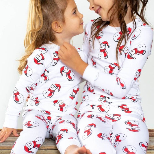 (Custom Design Preorder MOQ 5) Snowman White Print Kids Christmas Pajamas Clothes Set