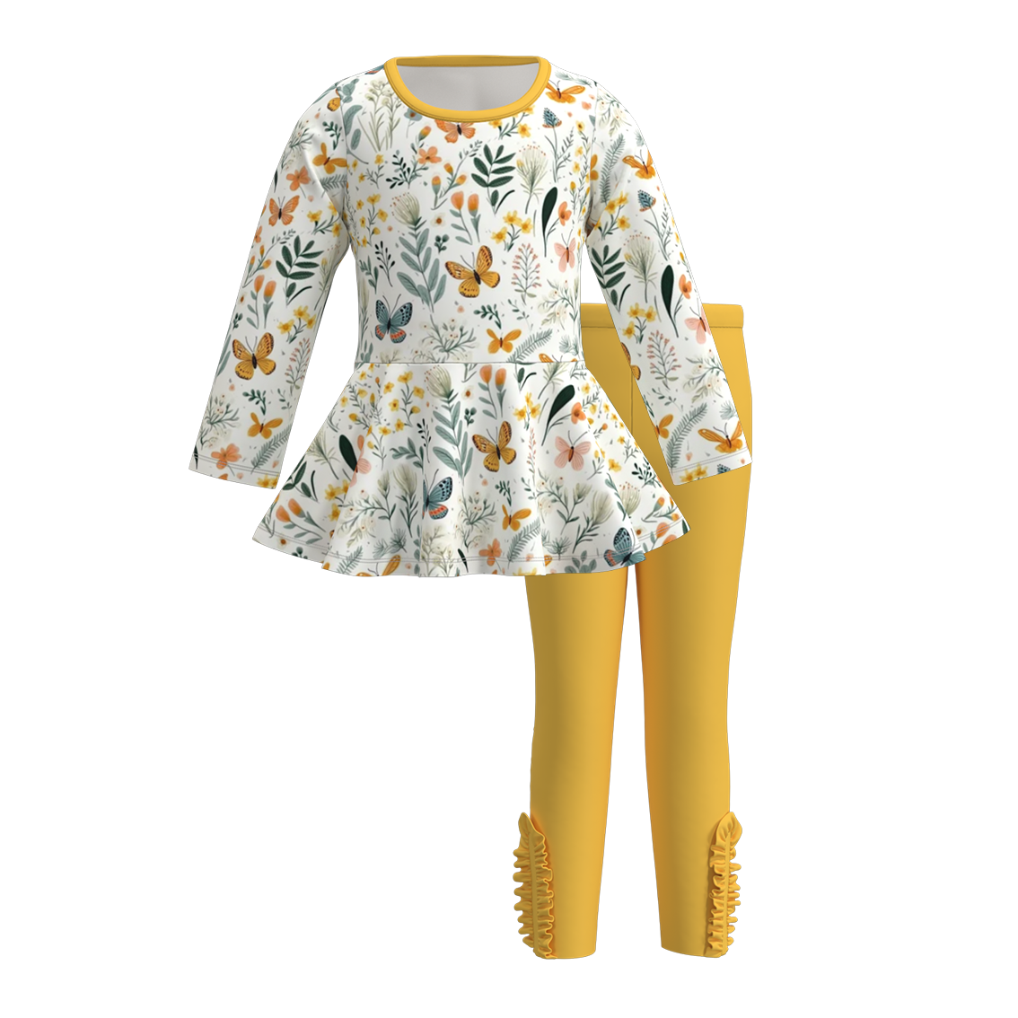 (Custom Design Preorder MOQ 5) Butterfly Flowers Tunic Top Yellow Pants Girls Fall Clothes Set