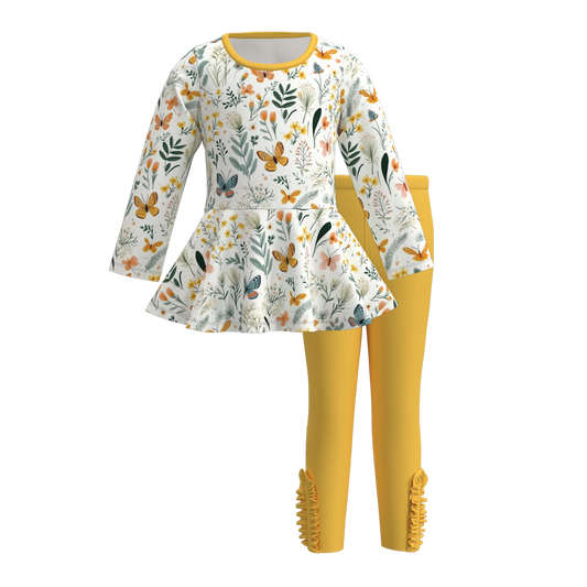 (Custom Design Preorder MOQ 5) Butterfly Flowers Tunic Top Yellow Pants Girls Fall Clothes Set