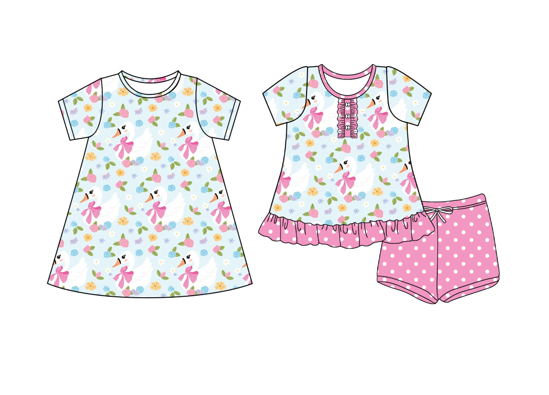 5.23(Custom Design Preorder MOQ 5 Each Design) Goose Flowers Print Girls Summer Matching Clothes Sisters Wear
