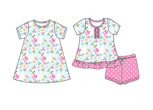 5.23(Custom Design Preorder MOQ 5 Each Design) Goose Flowers Print Girls Summer Matching Clothes Sisters Wear