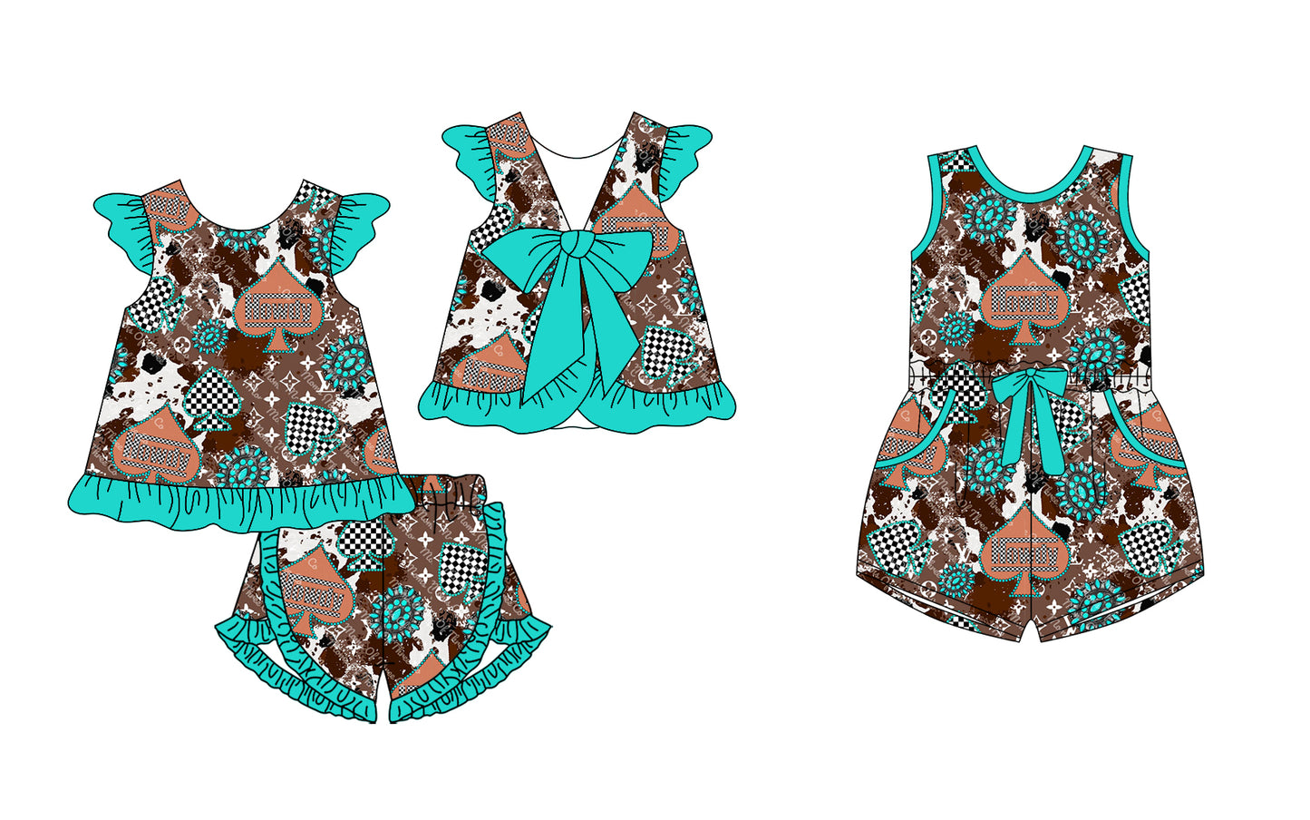 12.25(Custom Design Preorder MOQ 5 Each Design) Turquoise L*V* Western Print Girls Summer Matching Clothes Sisters Wear