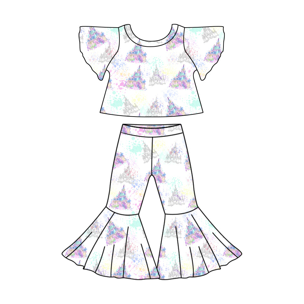 11.9(Custom Design Preorder MOQ 5)  Cartoon Castle Print Bell Pants Girls Clothes Set
