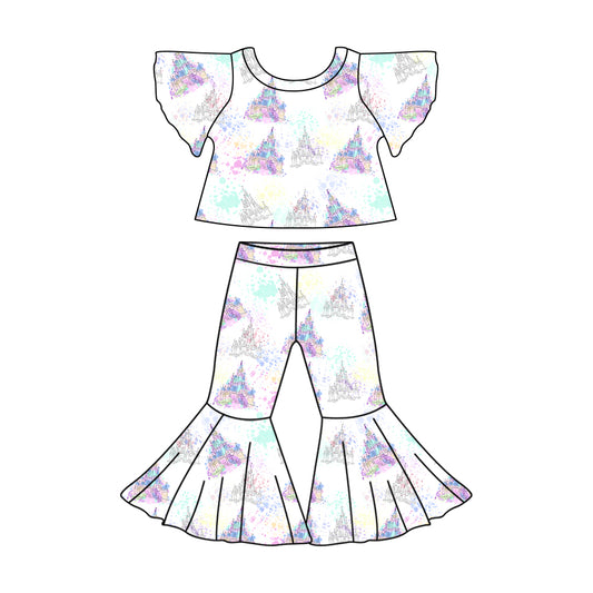 11.9(Custom Design Preorder MOQ 5)  Cartoon Castle Print Bell Pants Girls Clothes Set