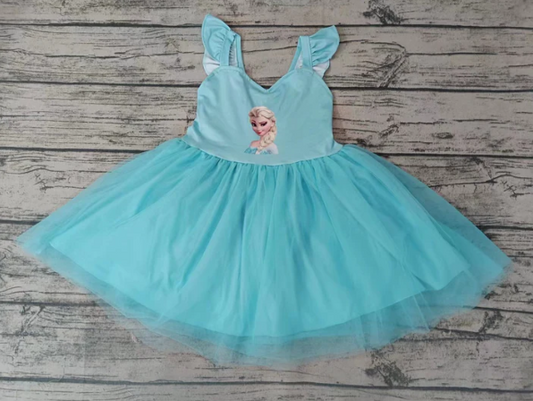 (Custom Design Preorder MOQ 5) Cartoon Princess Print Girls Tulle Knee Length Summer Dress