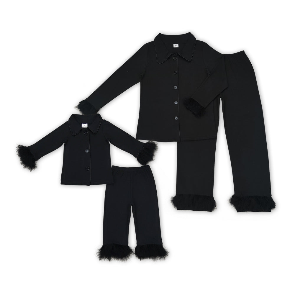 Black Color Mom and Me Matching Fall Buttons Fur Pajamas Clothes Set