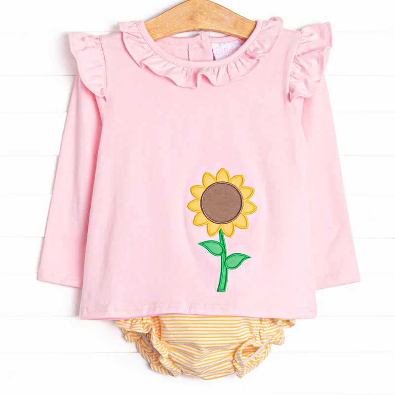 (Custom Design Preorder MOQ 5) Sunflowers Pink Top Yellow Stripes Shorts Baby Girls Fall Bummie Set