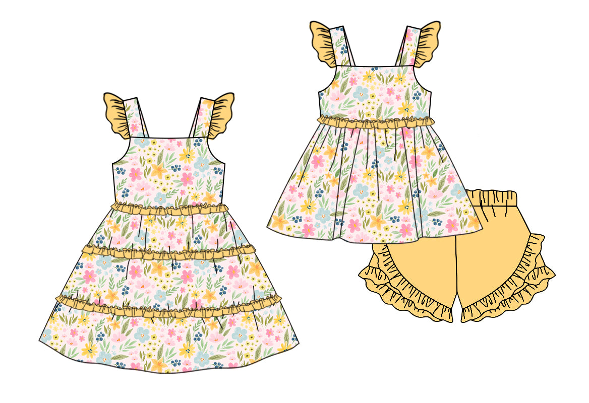 11.9(Custom Design Preorder MOQ 5 Each Design) Flowers Yellow Print Girls Summer Matching Clothes Set Sisters Wear