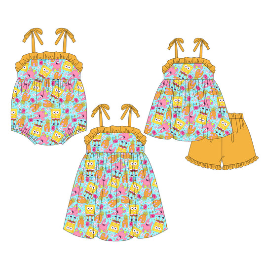12.9(Custom Design Preorder MOQ 5 Each Design) Cartoon Pineapple Flowers Print Girls Summer Matching Clothes Sisters Wear