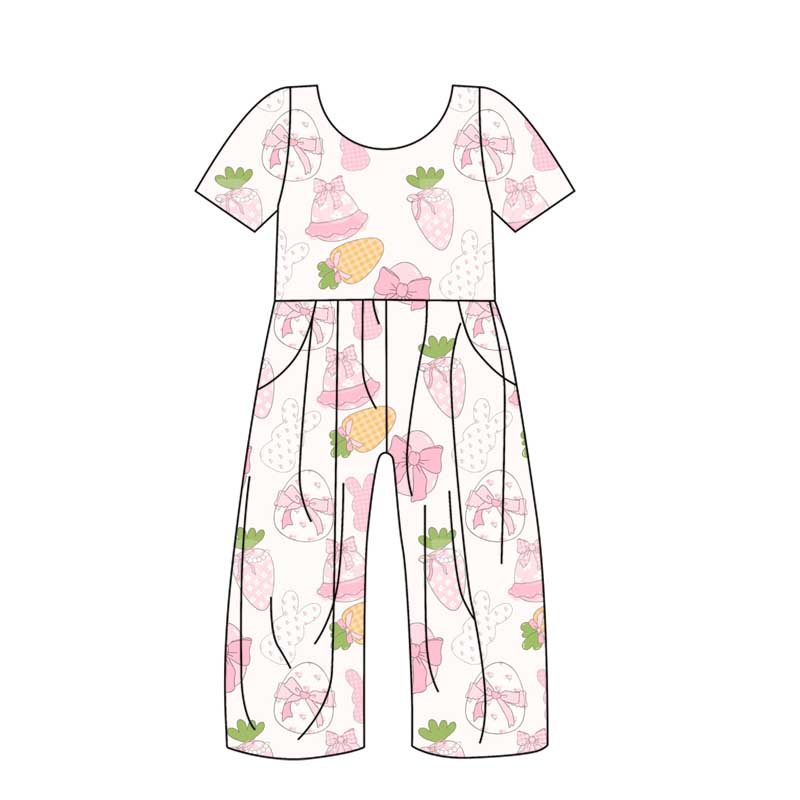 (Custom Design Preorder MOQ 5) Bunny Eggs Print Girls Pockets Easter Jumpsuits