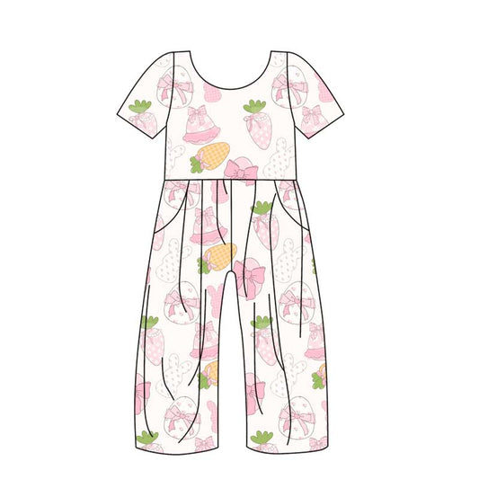 (Custom Design Preorder MOQ 5) Bunny Eggs Print Girls Pockets Easter Jumpsuits
