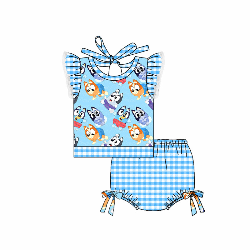 (Custom Design Preorder MOQ 5) Cartoon Dog Blue Print Girls 2 Pieces Swimsuits